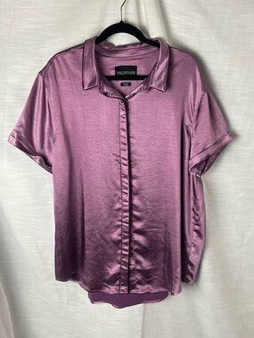 WILDFANG Satin Short-Sleeve Button Down Shirt - Mauve